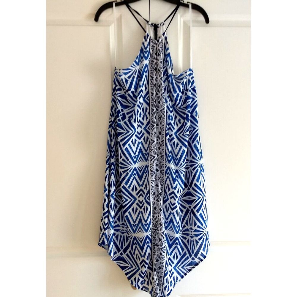 Mossimo Sleeveless Halter Dress Sz S/P Hi-Low Blue White Abstract Aztec Keyhole